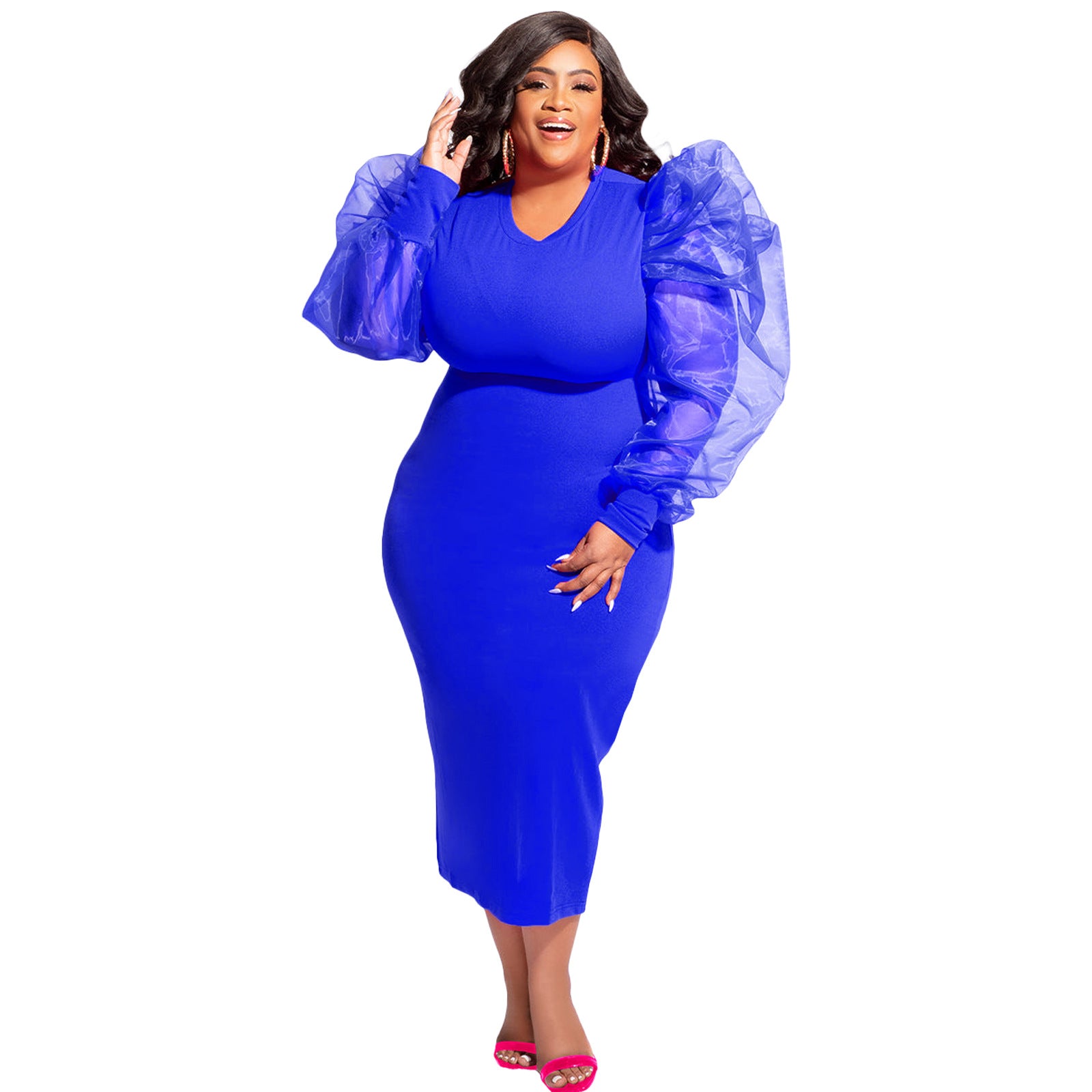 Fashion Solid Color Puff Mesh Long Sleeve V-Neck Plus Size Midi Dress 7