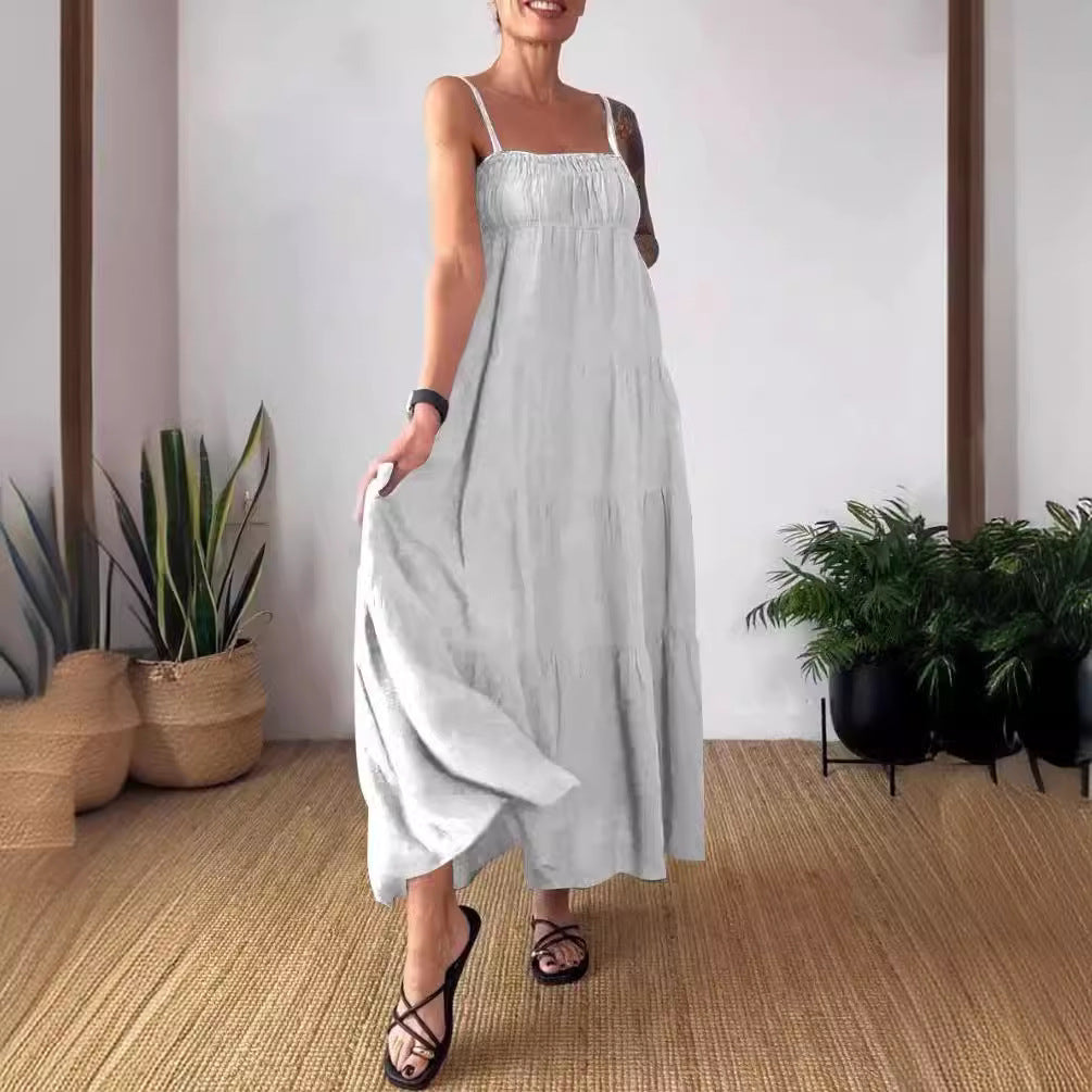 Spring Summer Women's Solid Color Casual Strap Loose Dress 10