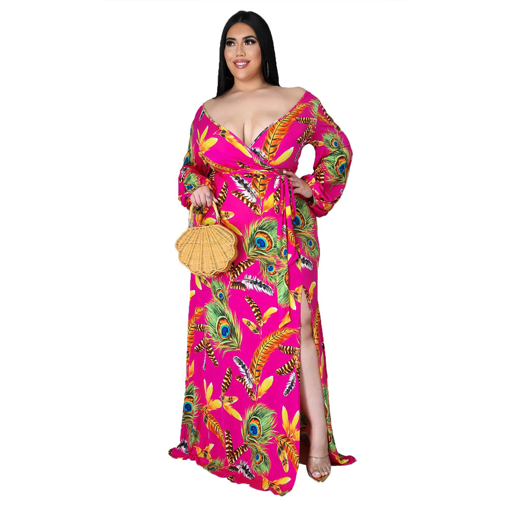 Plus Size Women Feather Print Sexy Slit Dress 7