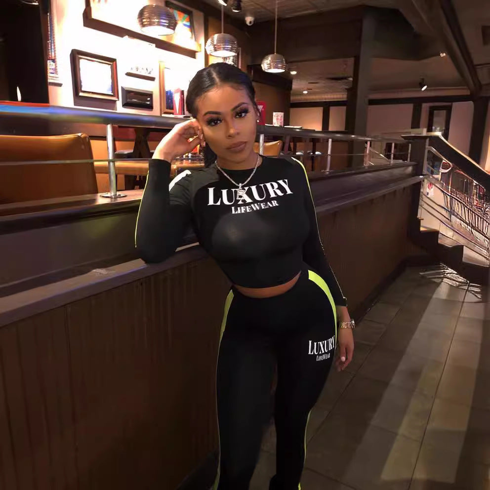 Women's Spring Letter Printed Long Sleeve Sexy Tight Fitting 2-Piece Pants Set 3