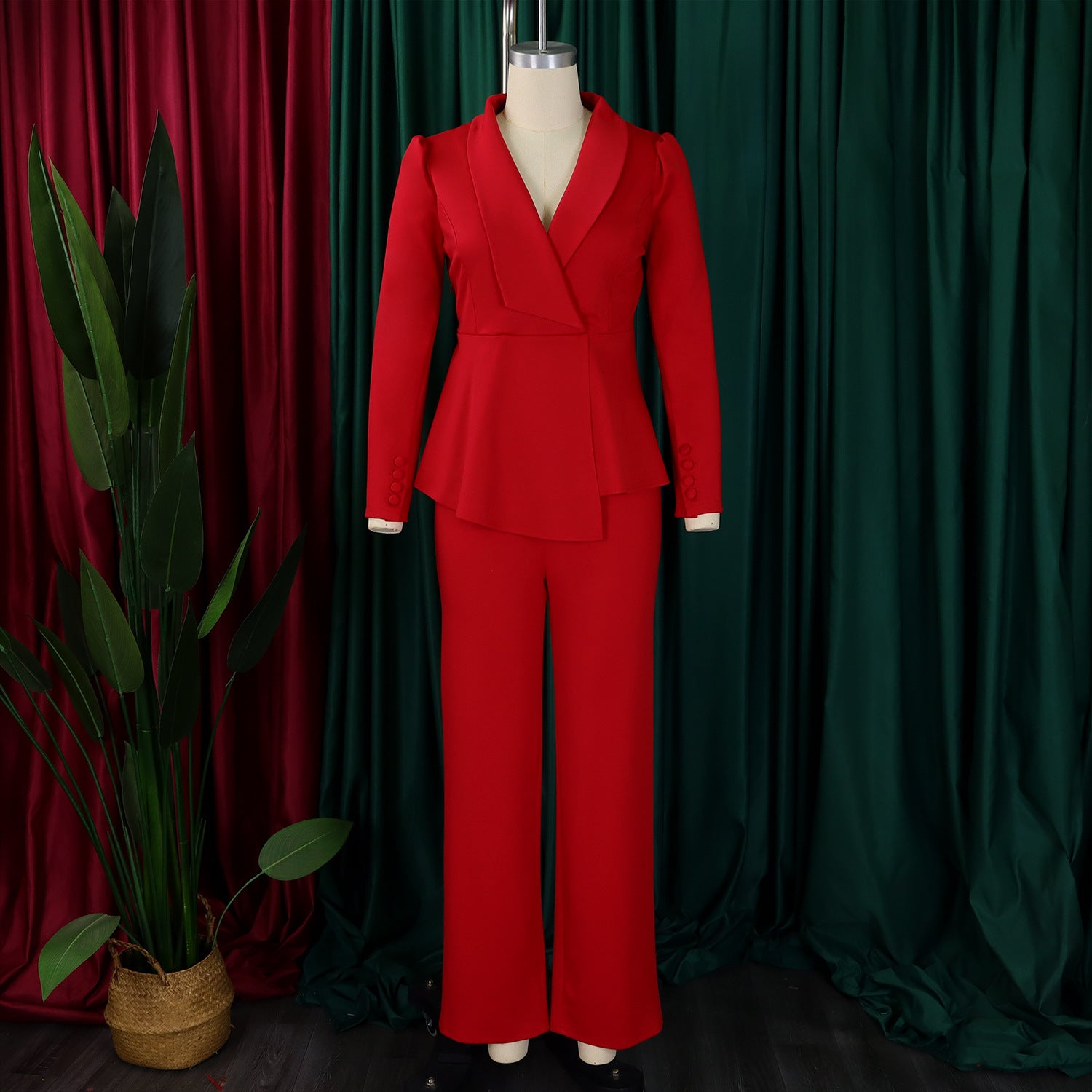 Women Elegant Ruffle Top Wide Leg Pants Two-Piece Set 19