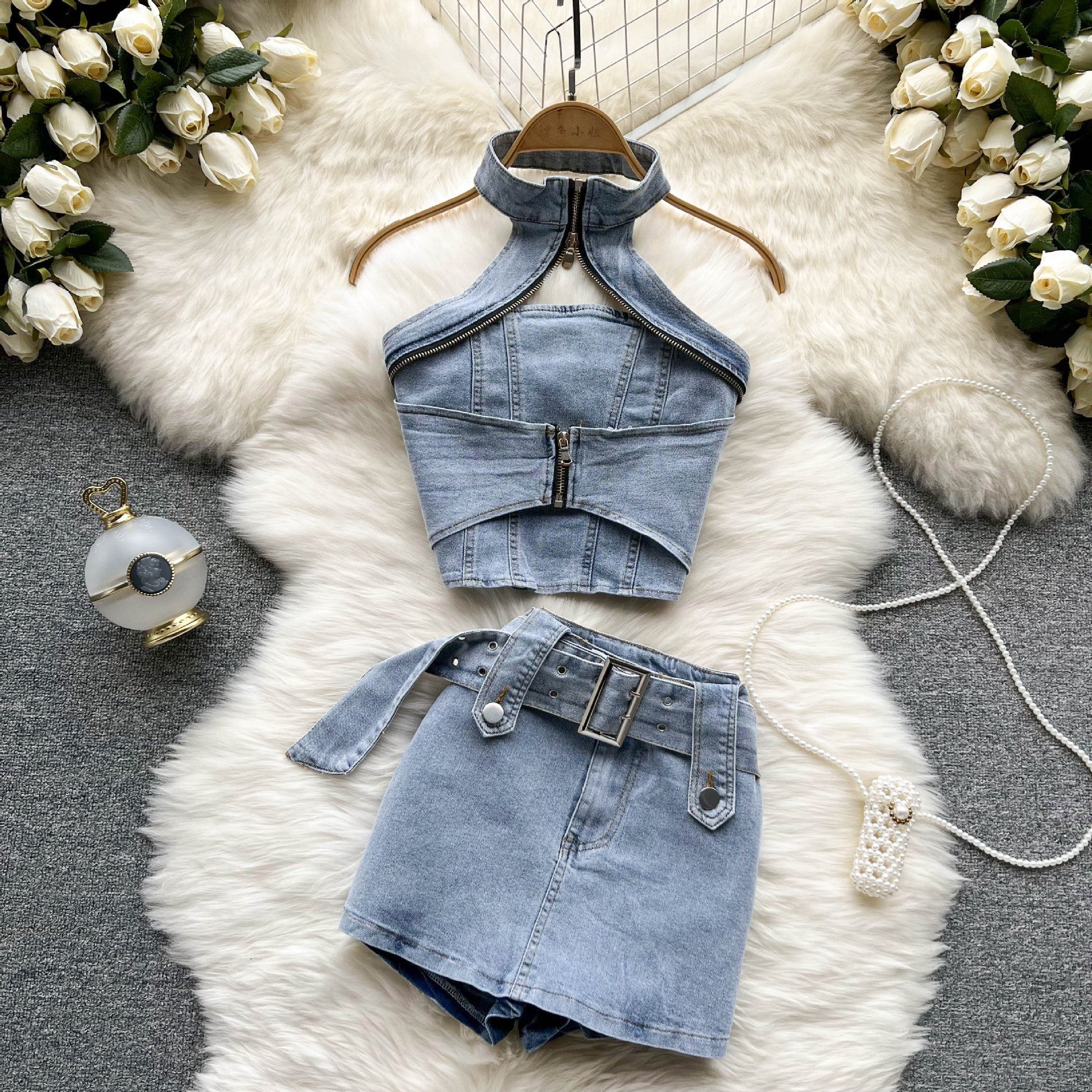 Women's Summer Halter Neck Crop Top Mini Skirt Two-Piece Denim Set