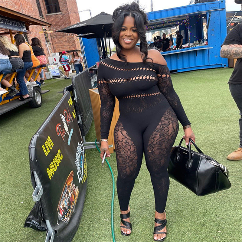 Women Sexy Hollow Knitting Jacquard High Waist Long Sleeve Jumpsuit 3