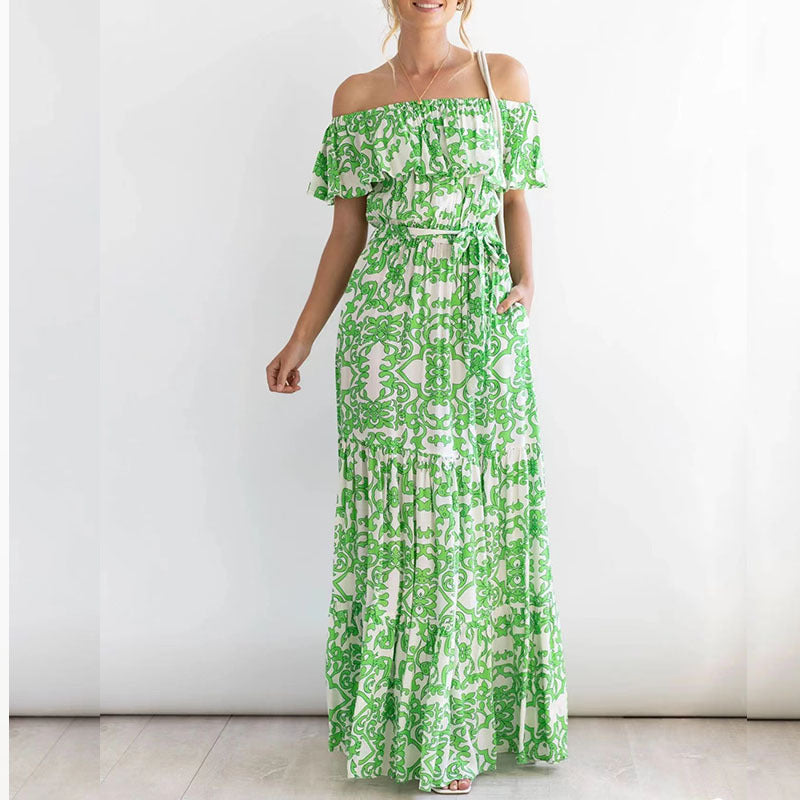 Women Off Shoulder Short Sleeve Printed Ruffle Maxi Dress