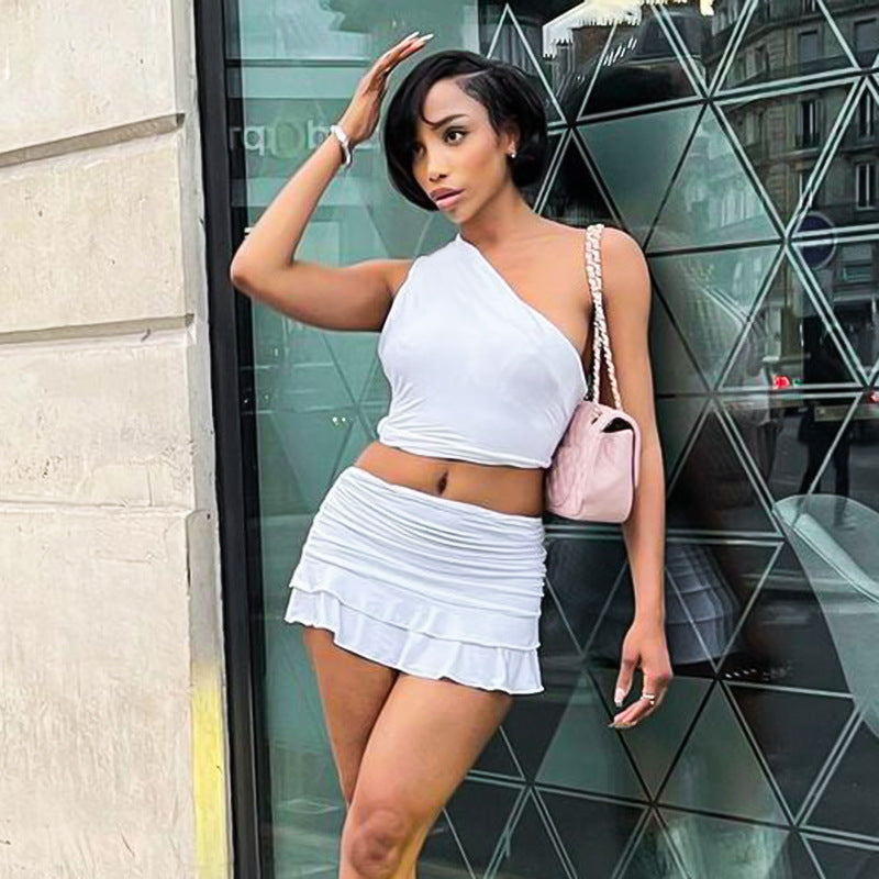 Women Summer Solid Slash Shoulder Sleeveless Top and Mini Skirt Two-Piece Set 4