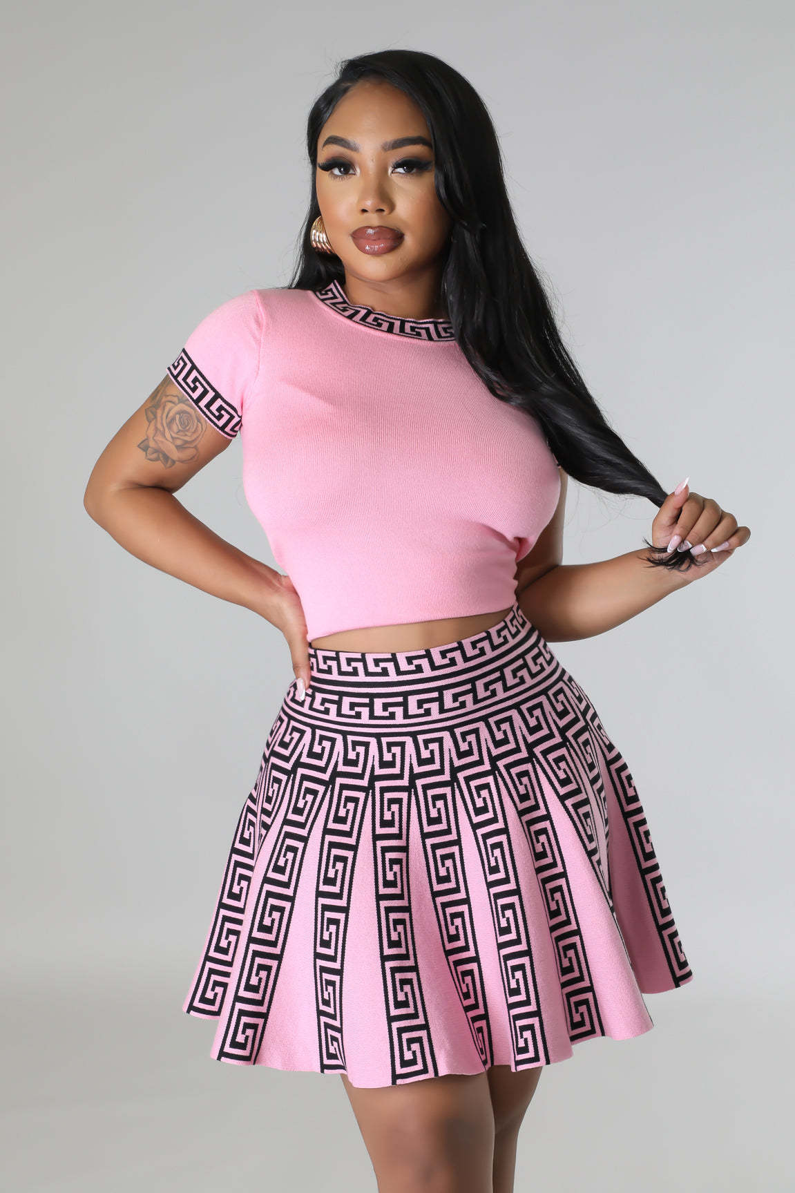 Fashion Print Round Neck Short Sleeve Pleated Two-Piece Skirt Set Female