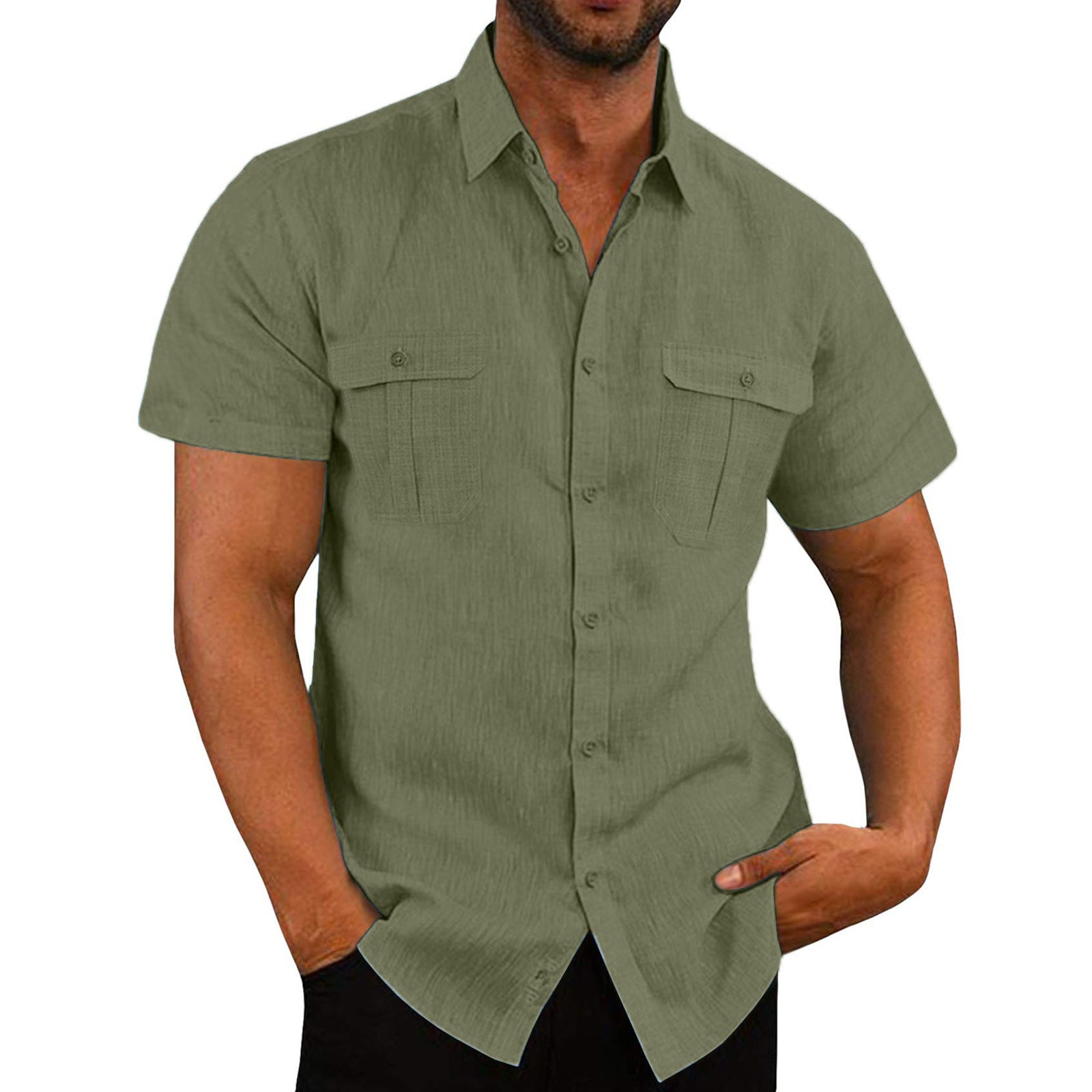 Men's Shirts Double Pocket Linen Short Sleeve Shirts 14