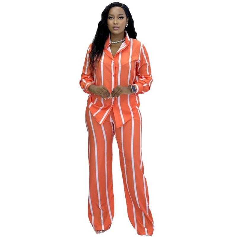 Fashion Casual Women's Spring And Autumn Striped Long Sleeve Shirt Loose Pants Women's Two-Piece Set 10