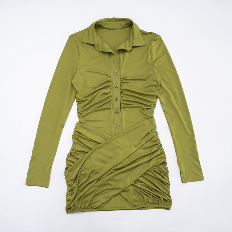 Women's Turn-Down Collar Button Long Sleeve Bodycon Short Dress 20