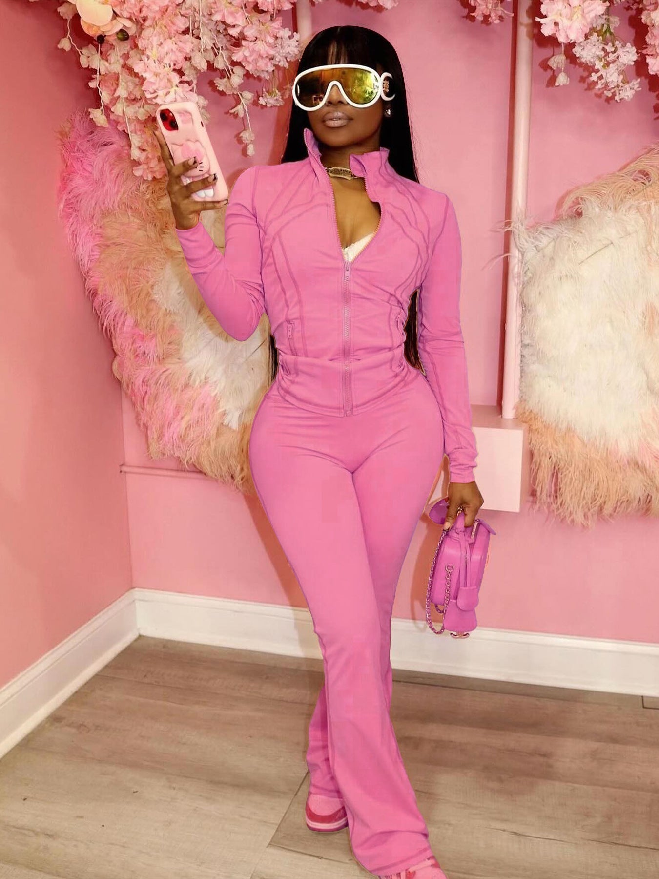 Sports Casual Women's Sexy Tight Fitting Long Sleeve Top Micro Bell Pants Two-Piece Set 8