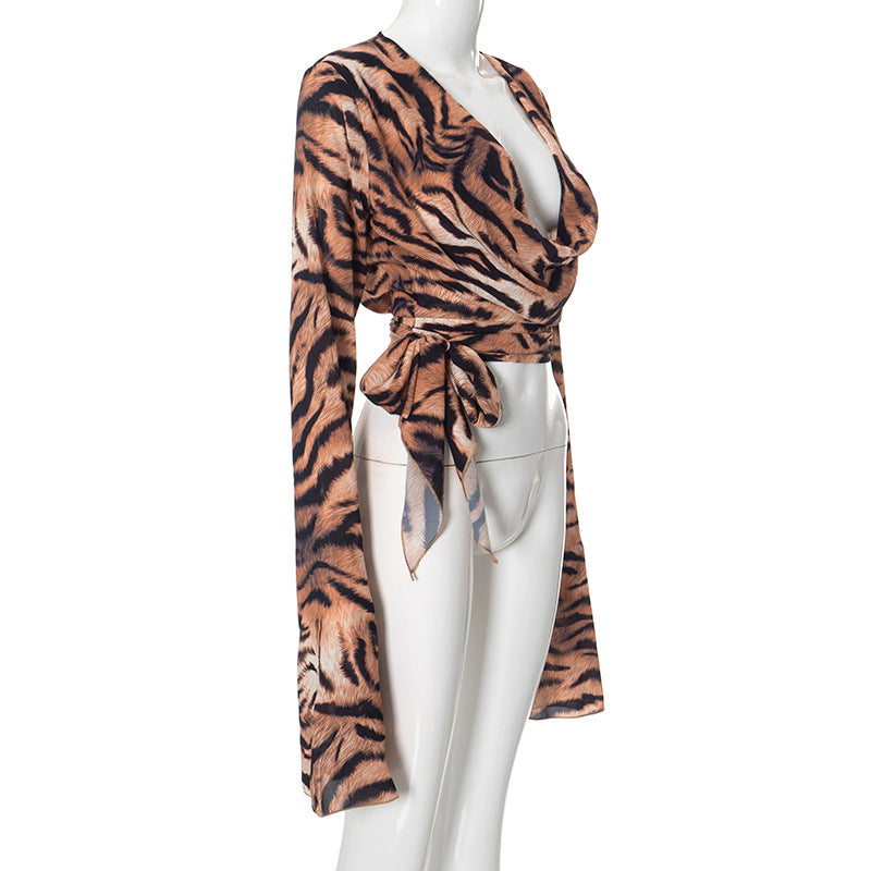 Women Tiger Print Slit Swinging Collar Lace-Up Sexy mesh long-sleeved top 8
