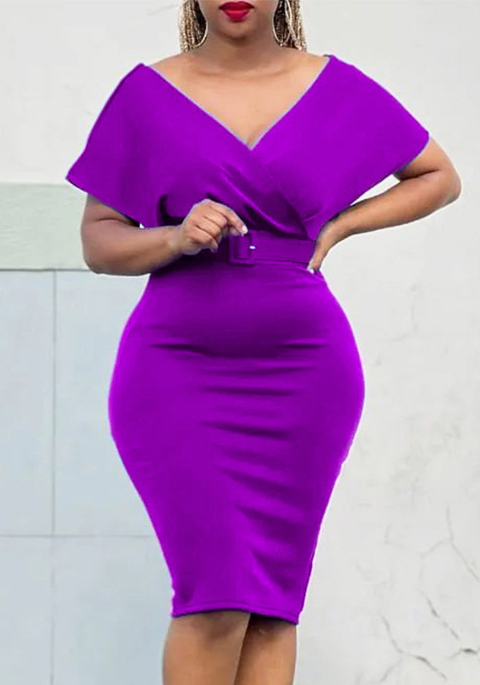 Plus Size Women V Neck Bodycon Stretch Africa Dress with Belt