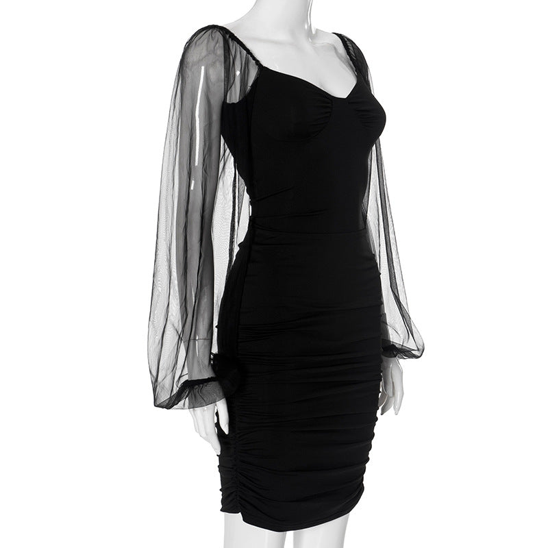 Women Fall Mesh Puff Sleeve Patchwork Sexy Gathered Bodycon Dress 7