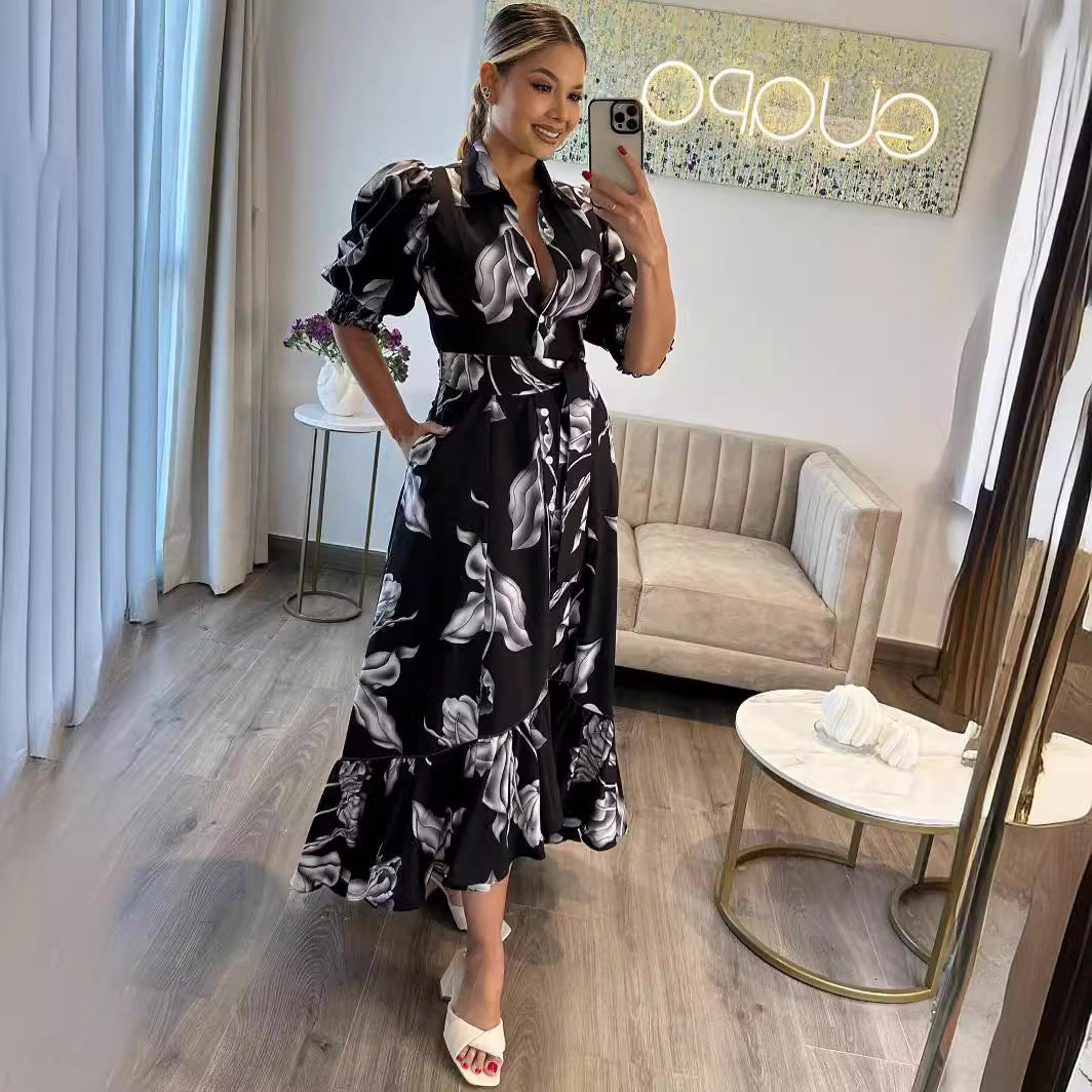 Chic Printed Puff Sleeve Ruffle Casual Women's Long Dress 5