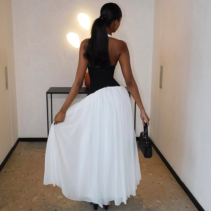 Fashion Black and White Women's Pleated Slim Waist A-line Sexy Deep V-neck Halter Neck Long Dress 4