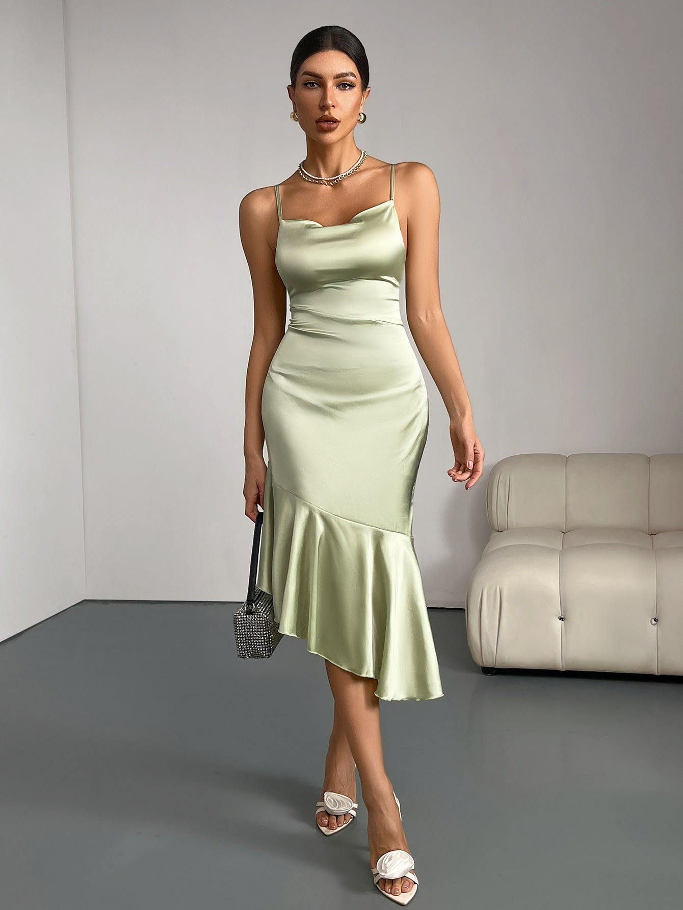 Ruffled Satin Dress for Women Luxury Birthday Fishtail Dress 4