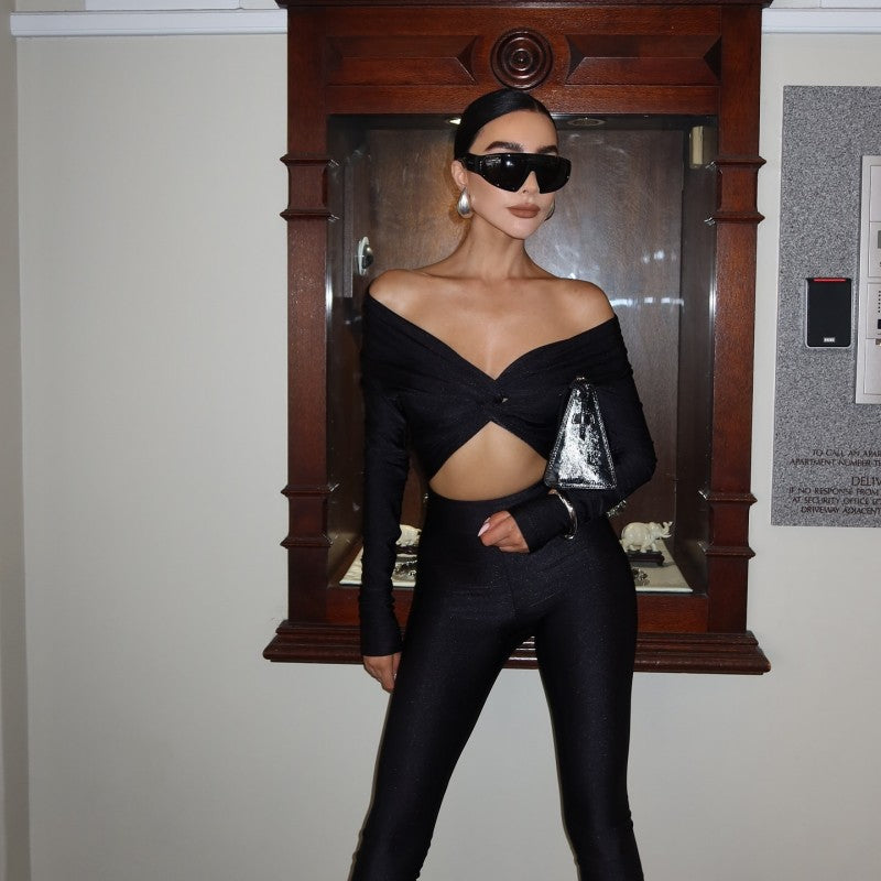 Spring Solid Color V-Neck Off Shoulder Knot Hollow Sexy High Waist Long Sleeve Jumpsuit