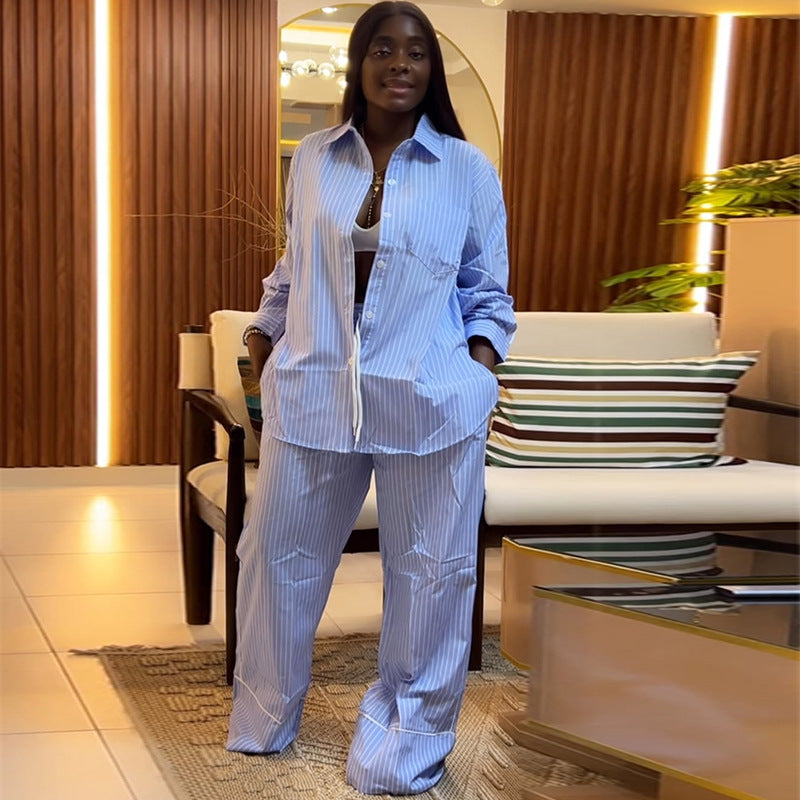 African Women's Summer Turndown Collar Loose Striped Shirt & Wide-Leg Pants Two Piece Set