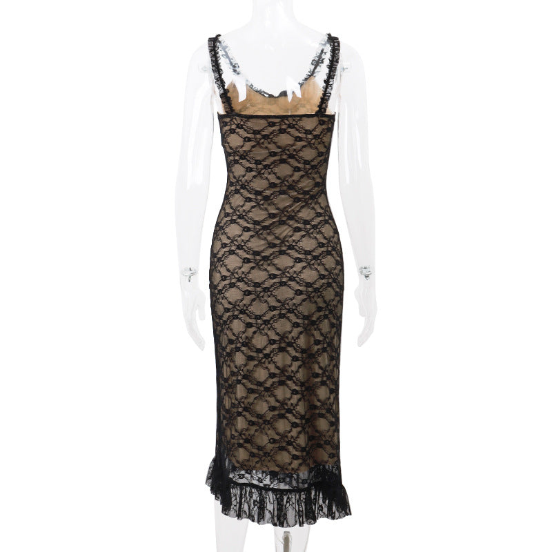 Women autumn sexy v-neck Lace mesh Patchwork Strap Dress 10