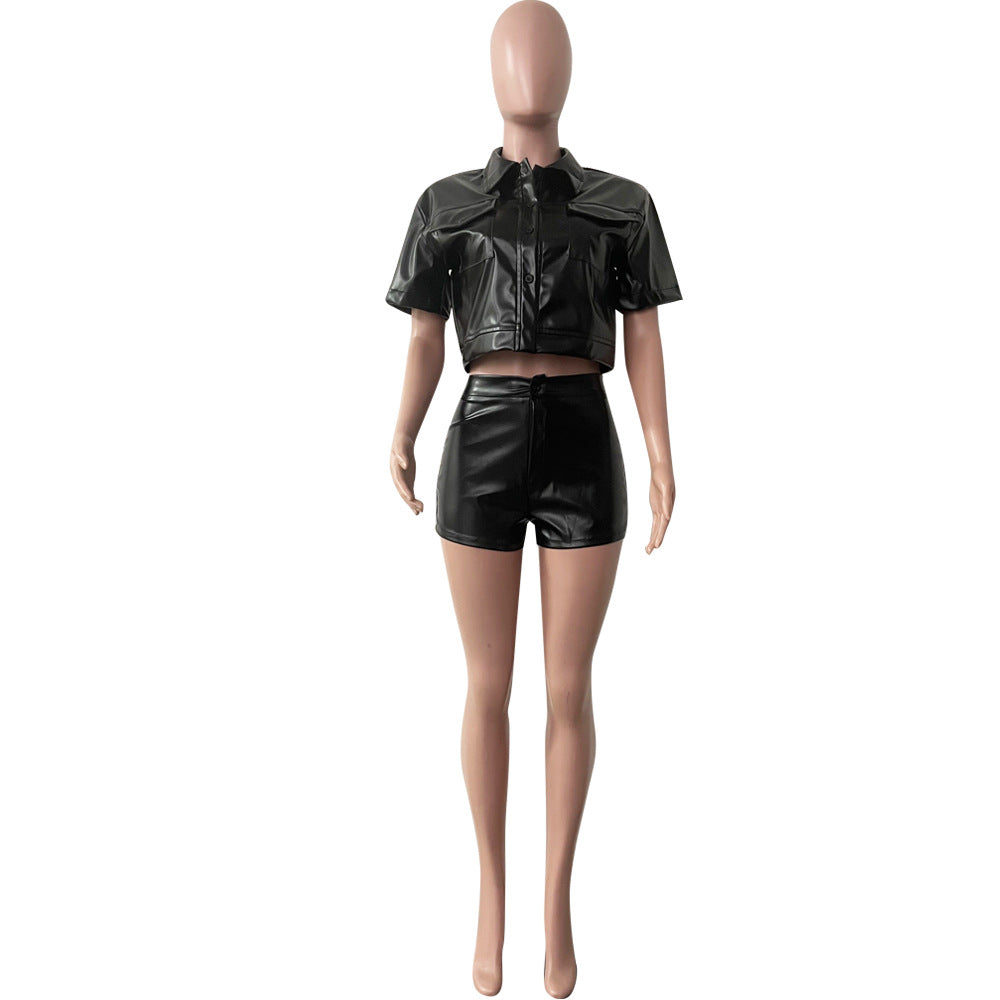 Women'S Summer Pu Leather Patchwork Button Tight Fitting Shirt Shorts Two-Piece Set 14
