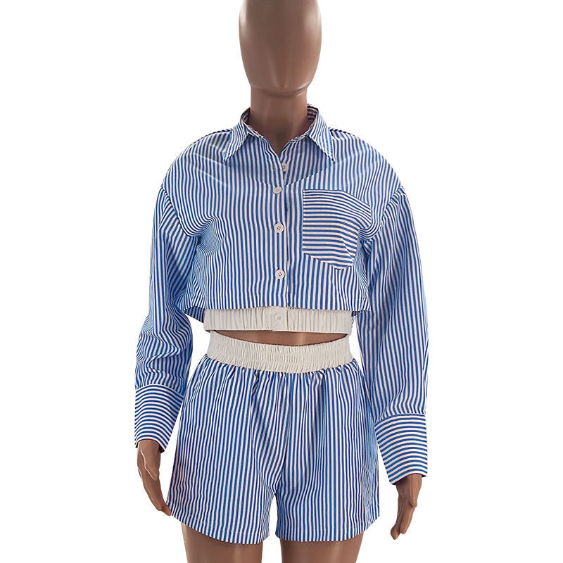 Fashion Casual Women Summer Striped Long Sleeve Shirt Elastic Waist Shorts Two-Piece Set 12