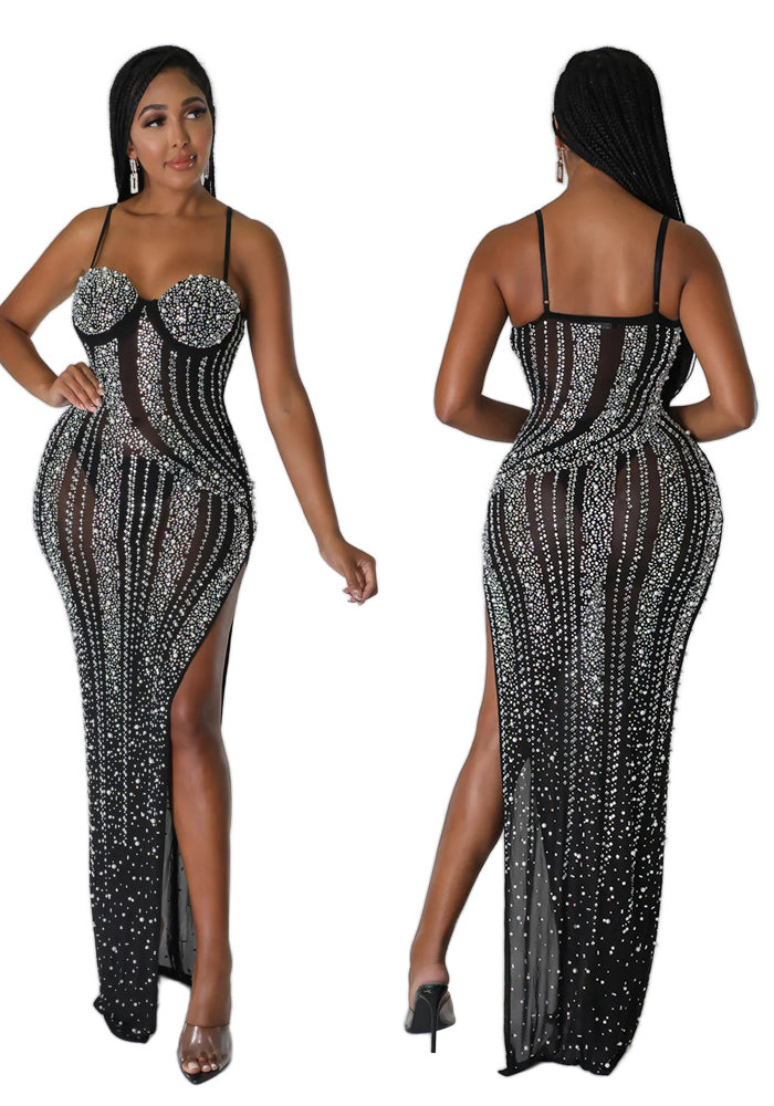 Women's Nightclub Party Sexy Sling Slit Beaded Dress