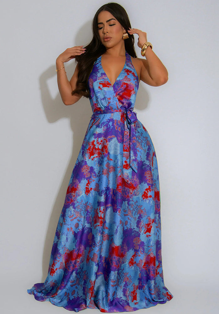 Women's V-Neck Halter Neck Sexy Low-Back Print Maxi Dress