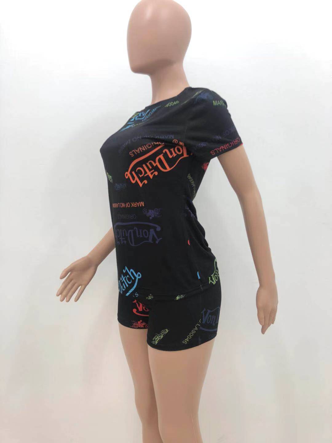 Women Sexy Letter Print Round Neck Short Sleeve Top and Shorts Two Piece Set 20