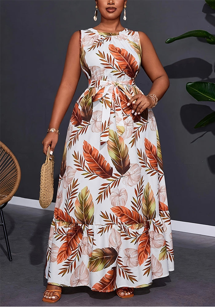 Plus Size women's Round Neck sleeveless floral print belt high waist long dress
