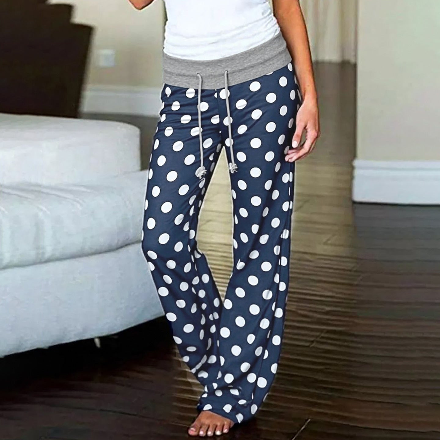 Women American-Style Casual Polka Dot Print Contrast Lace-Up Pants 3