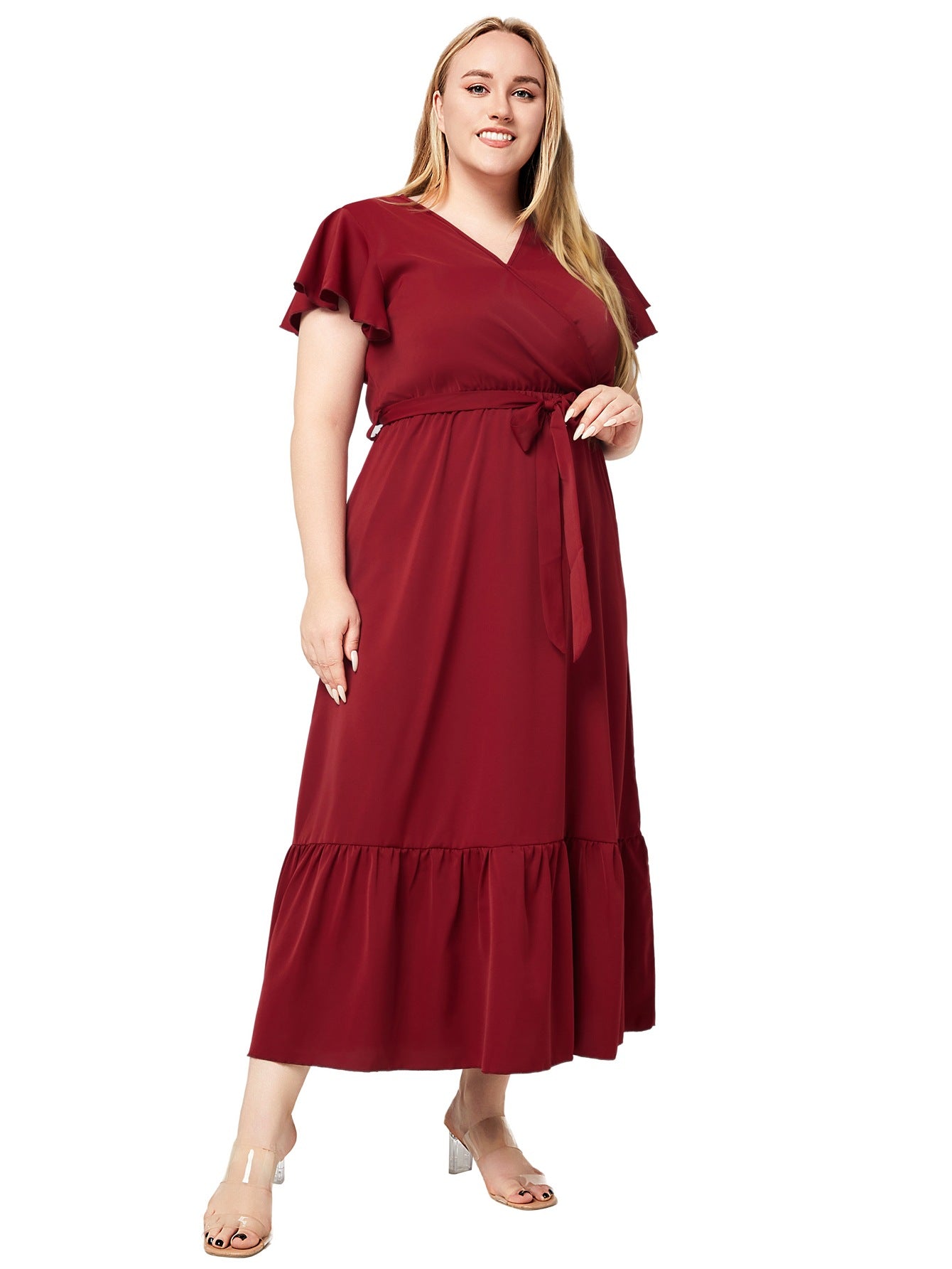 Plus Size Women Summer V Neck Short Sleeve Solid Dress 5