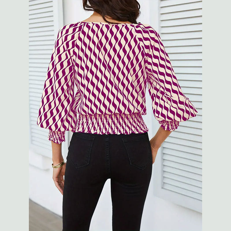 Spring Women's Lantern Sleeve Top & Slim Waist Contrast Print Long Sleeve T-Shirt 13