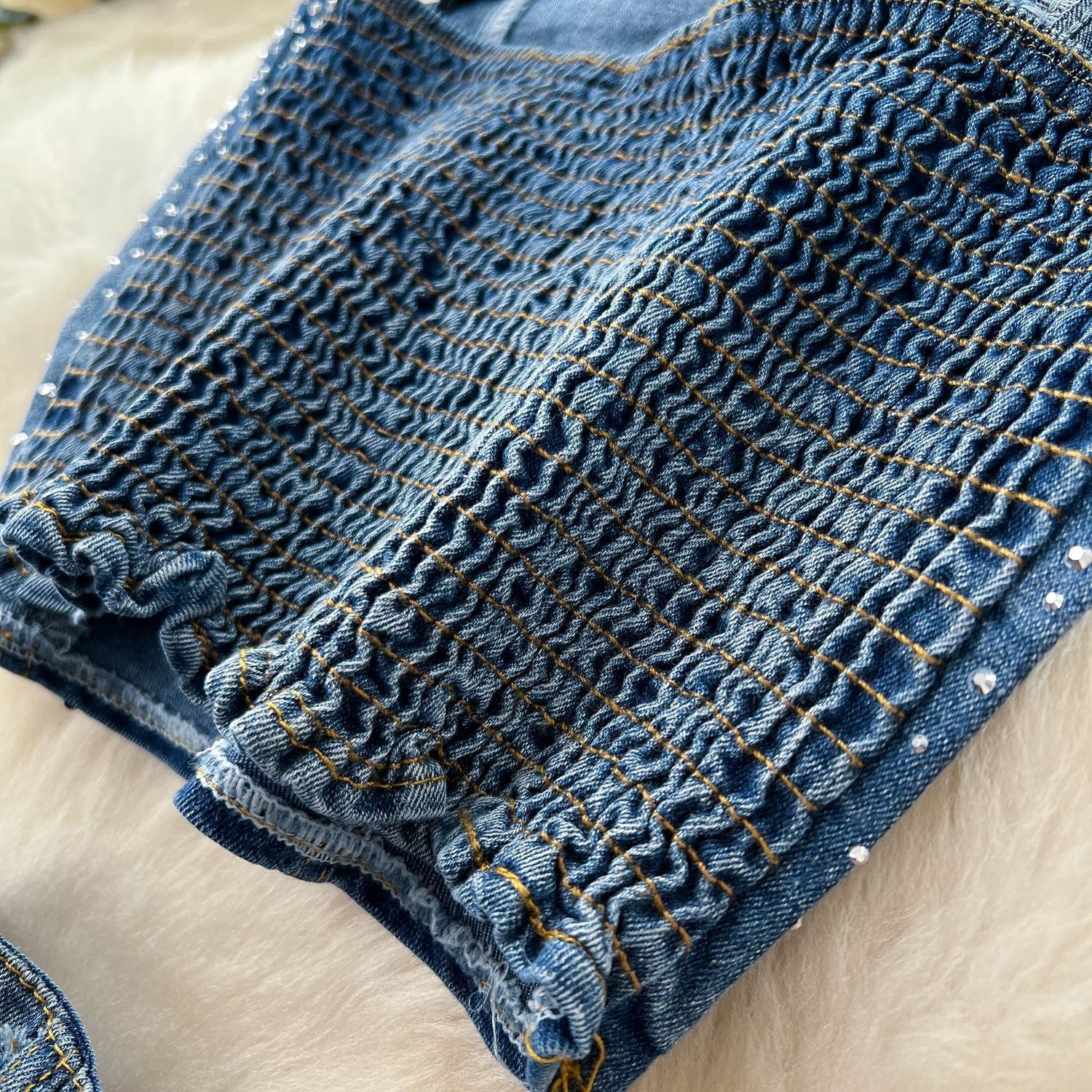 Fashion Beaded Denim summer Strapless Vest High Waist Denim Bell Bottom Trousers Two Piece Set for Women 10