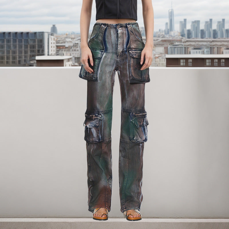 Trendy Cargo Pants Spring Fashion Street Multi-Pocket High Waist Denim Trousers