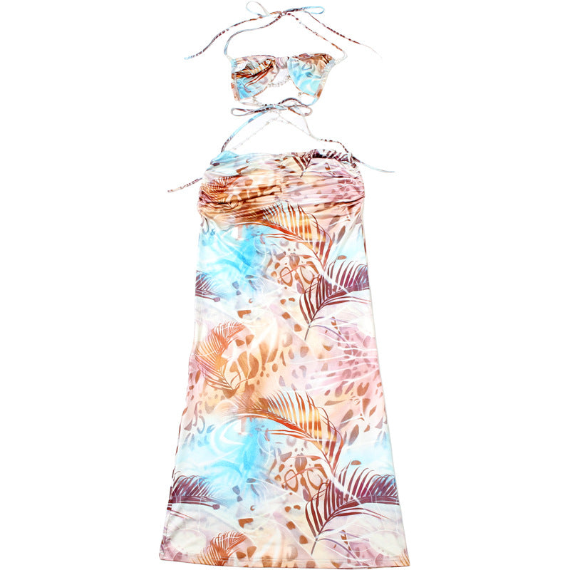 Women's Spring Halter Neck Tie Beaded Chain Slim Low Back Sexy Dress 46