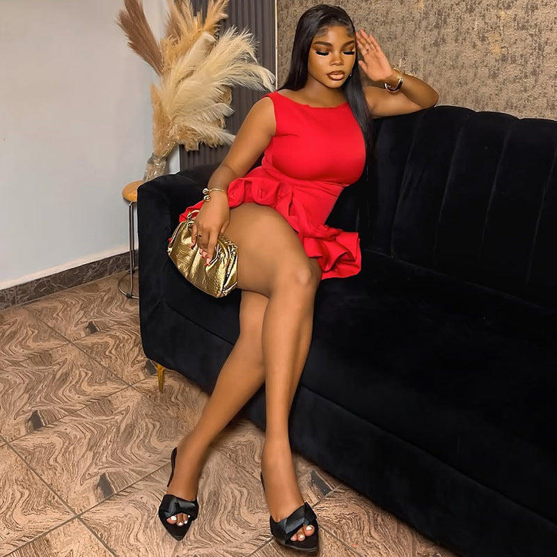 Women Sleeveless Round Neck Solid Career Pleated Mini Dress 6