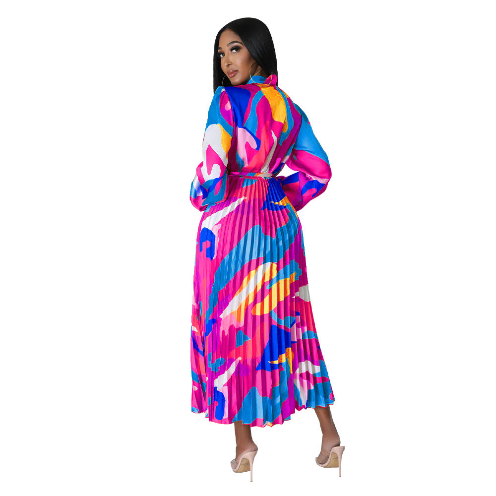 Women's Tie Long Sleeve Printed Pleated Dress 28