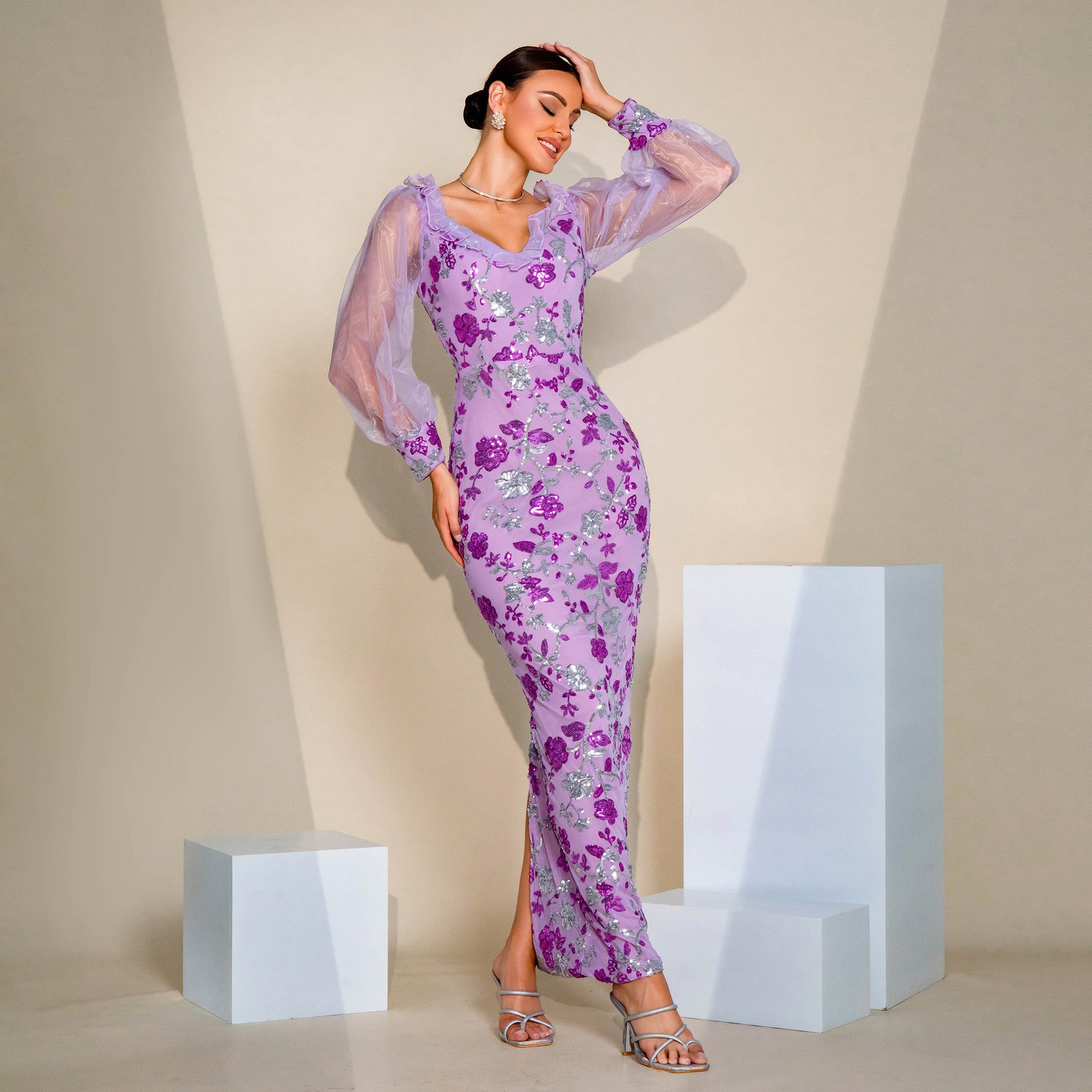 Long Sleeve V Neck Sexy Hollow Sequin Formal Party Evening Dress Bridesmaid Dress