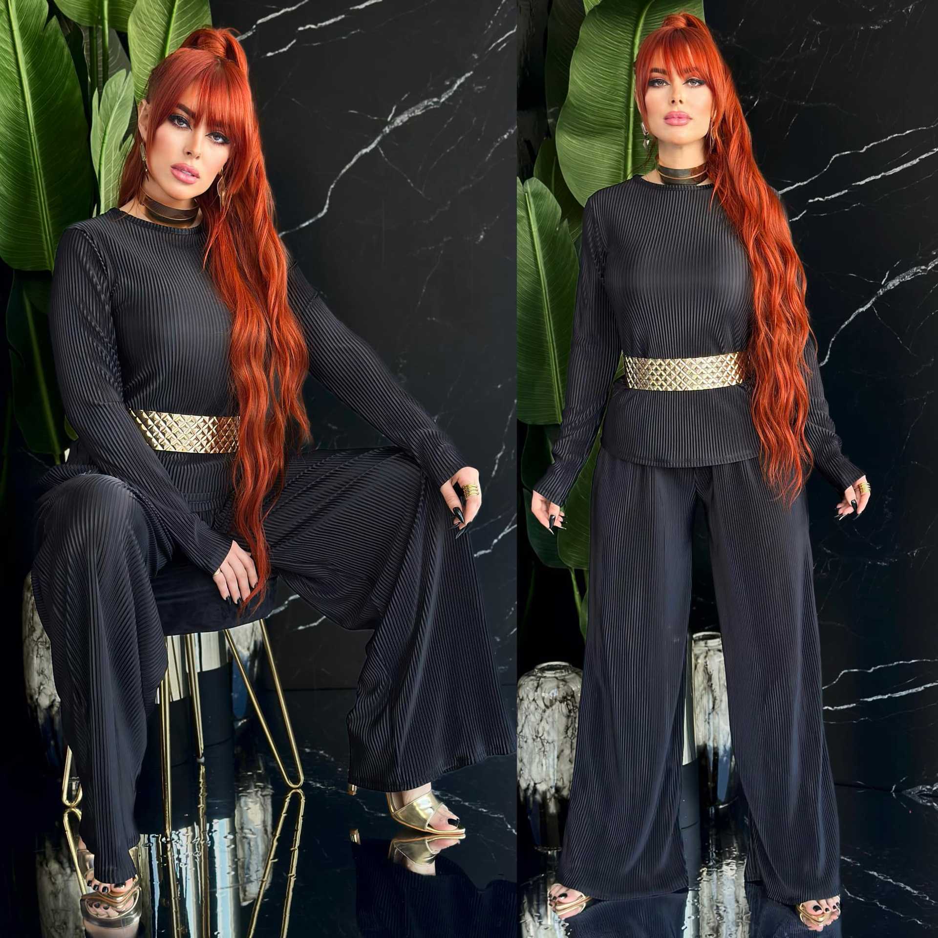 Women Loose Solid Long Sleeve Top and Wide Leg Pants Two-piece Set 3