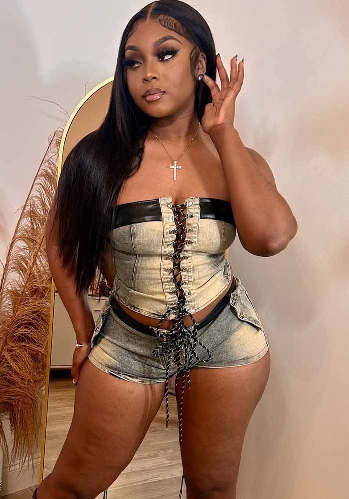 Women Stretch Denim Strapless Lace-Up Top and Shorts Two-piece Set 3