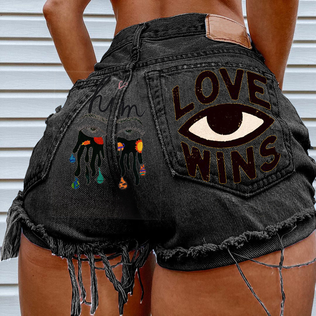 Eye Graffiti Pattern Denim Shorts For Women 3