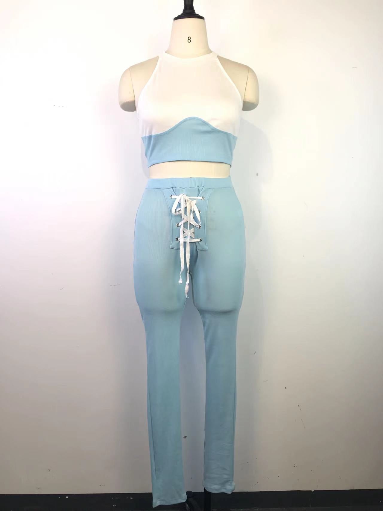 Women's Sexy Ribbed Suit Round Neck Tank Top Pencil Pants Lace-Up Two Piece Summer Set 16