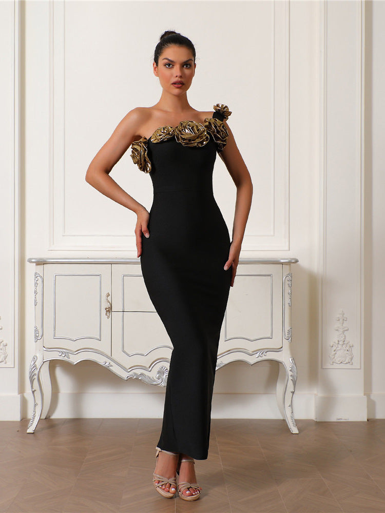 Women elegant party golden flower one-shoulder Bodycon bandage dress 5