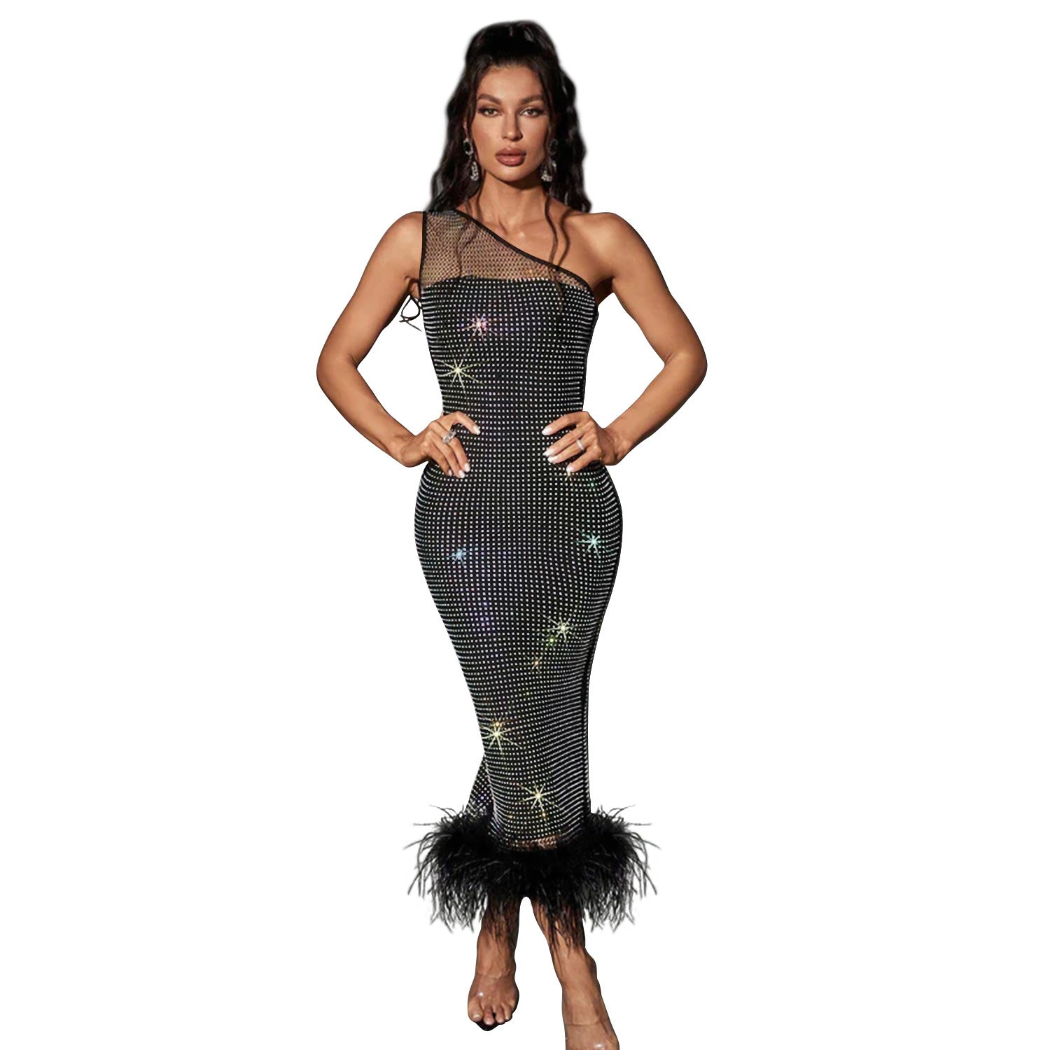 Fashion Women's One Shoulder Beaded Mesh Feather Party Dress 7