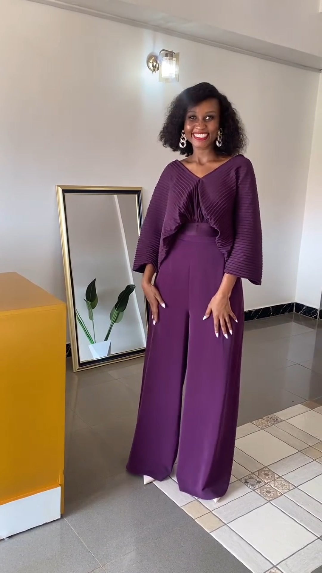 Women Pleated V-Neck Bat Sleeves Shirt and Pants Two Piece Set 3