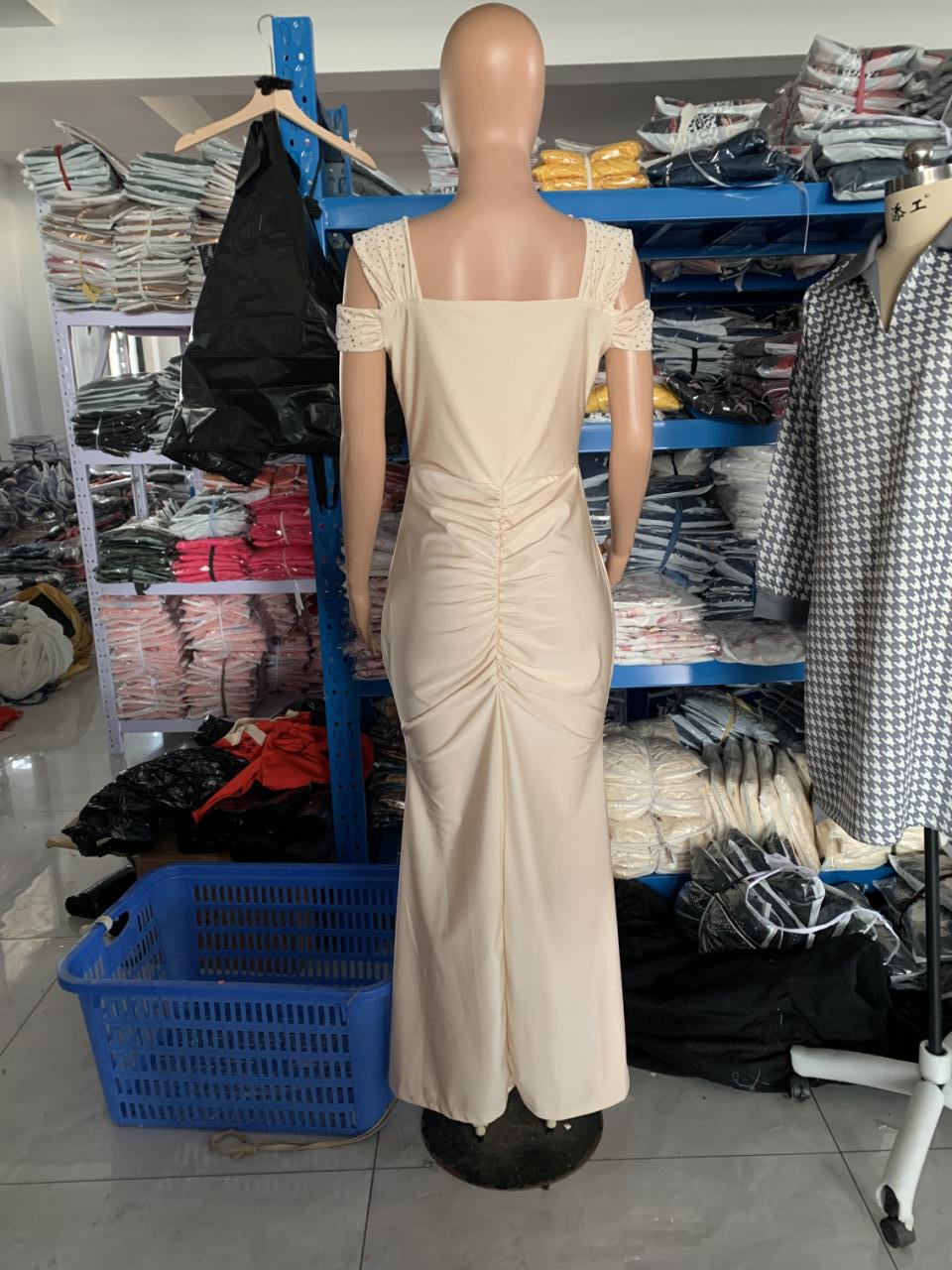 Women Elegant Beaded Off-Shoulder High-Waist Slit Bodycon Dress 10