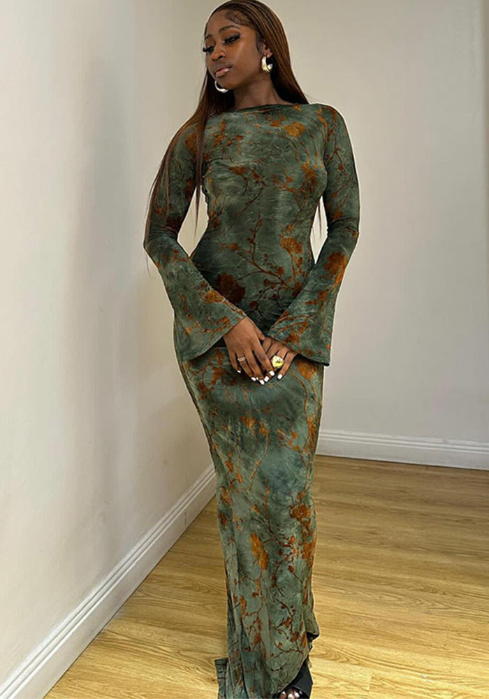 Autumn Round Neck Long-Sleeve Lace-Up Low Back Print Maxi Dress