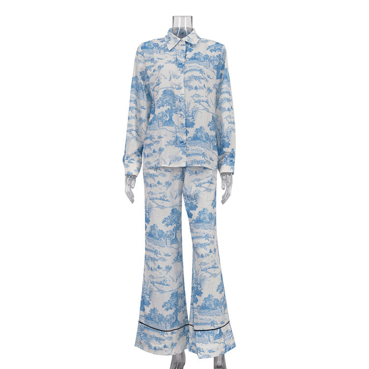 Women's Paint Print Turndown Collar Shirt High Waist Trousers Fashion Two-Piece Suit 7