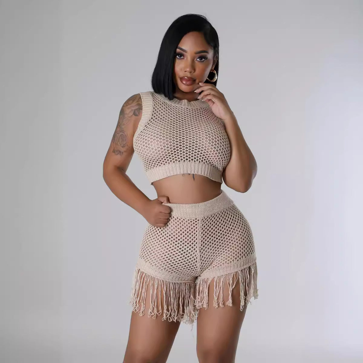 Women knitting Crochet hollow tassel sexy Top and shorts two-piece set 5