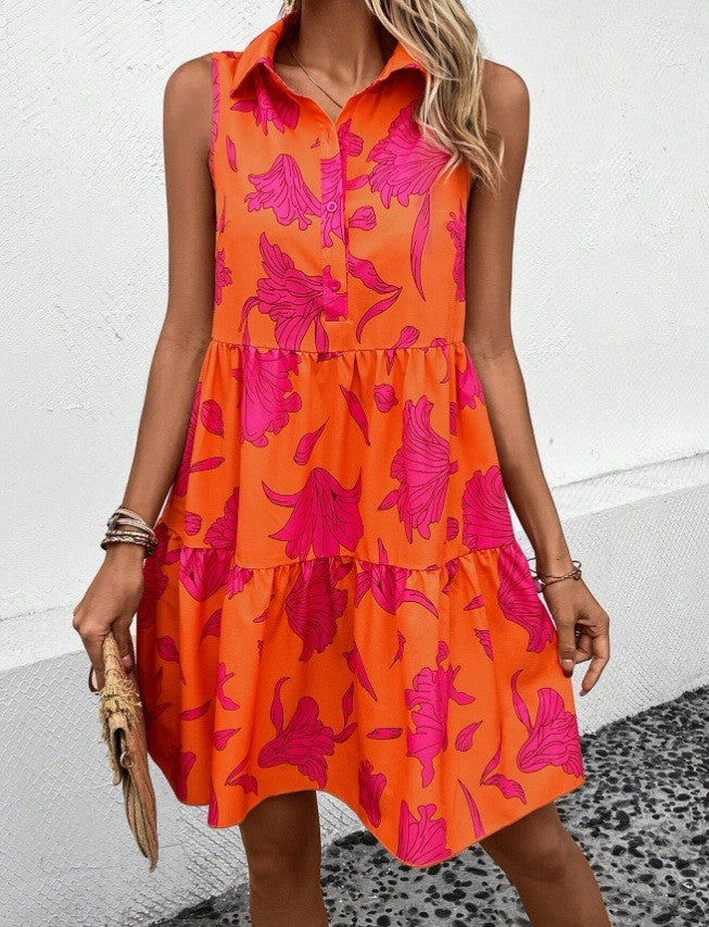 Women's Sleeveless Pleated Floral Print Button Shirt Dress 6